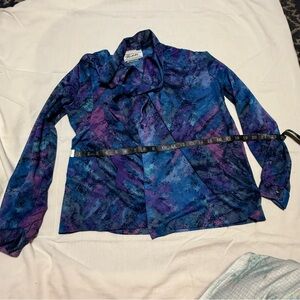 Vintage abstract collar blouse blue purple painterly print long sleeve S A4